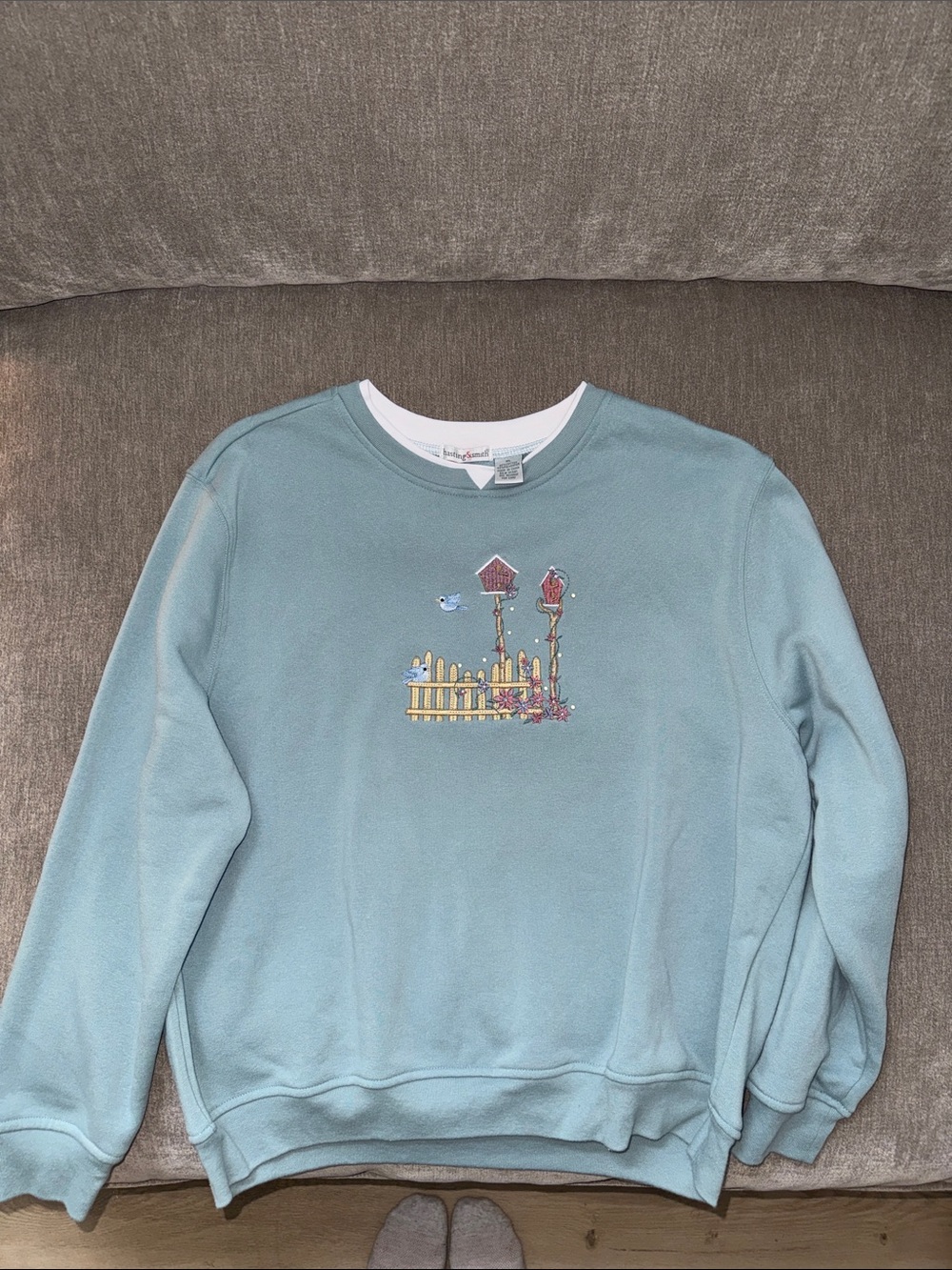 Light Blue Crewneck Sweatshirt with Birdhouse Embroidery